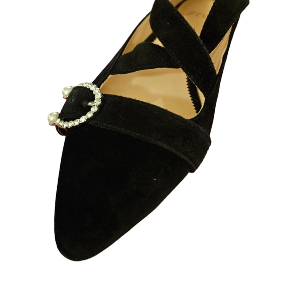 J CREW Black Suede MARINA CRISS CROSS Pearl Rhinestone buckle Dress Flat 9.5 - Picture 5 of 10